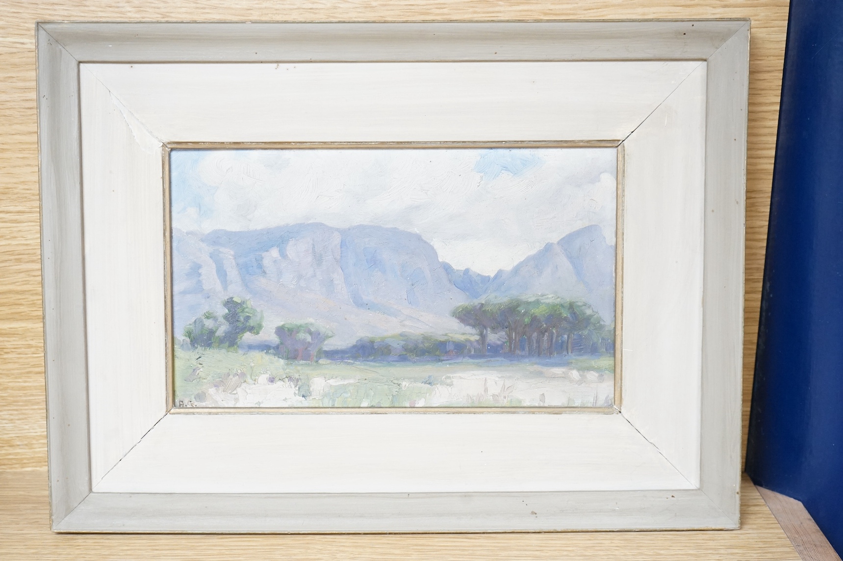 Allerley Glossop (South African, 1870-1955), oil on board, ‘The Mountains from Claremont Flats, initialled, inscribed Forsyth & Co, Cape Town label verso, 14 x 24cm. Condition - fair to good